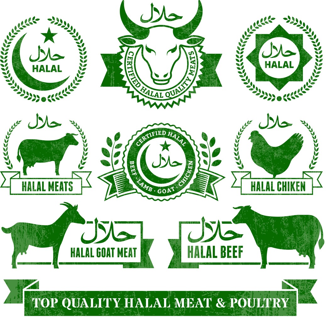 Halal Organic Meat and Poultry Grunge icon set